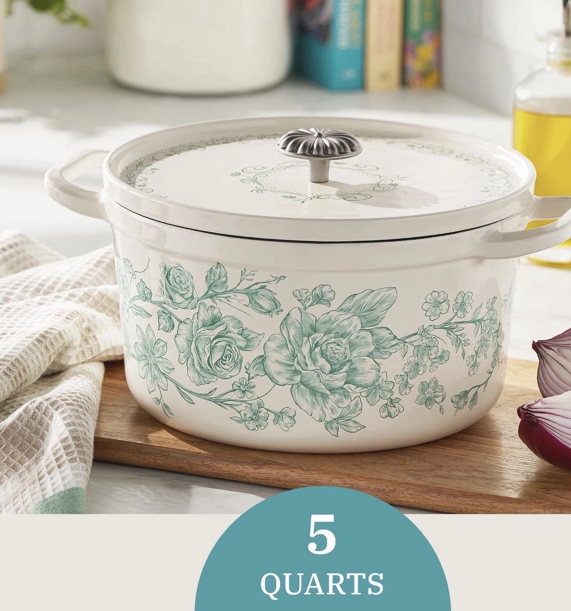 The Pioneer Woman Agatha Enameled Cast Iron 5-Quart Dutch Oven, Green Floral