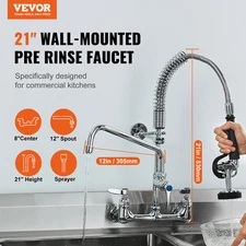 Commercial Faucet w/ Pre-Rinse Sprayer, 21" Wall Mount, 12" Spout for Kitchen
