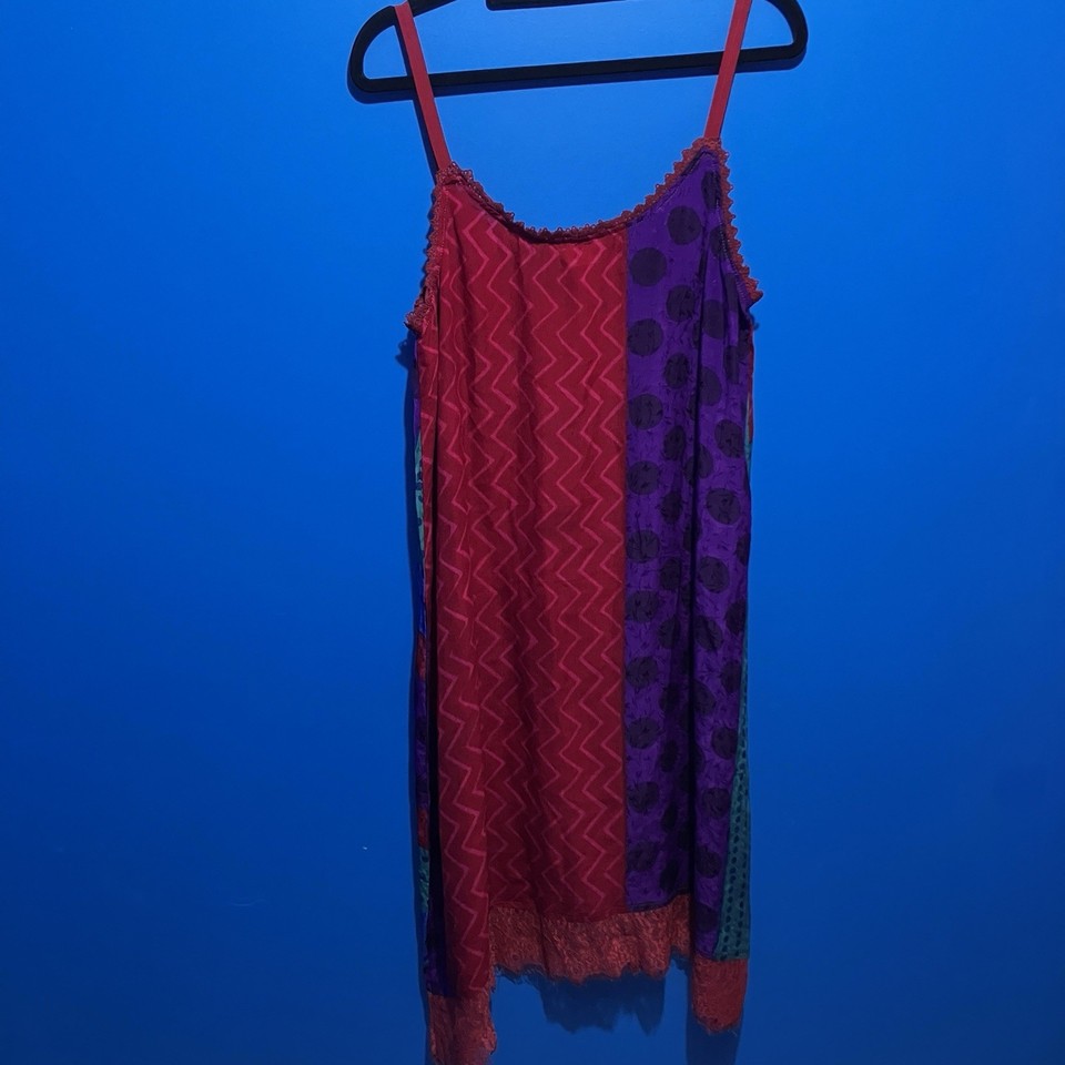 Sarah Jane Miller Silk Lace Slip Dress Size Medium Mini Purple Red Green 90s 