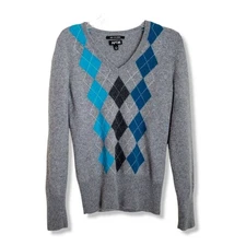 Apt 9 100% Cashmere Sweater Womens Size S Gray V Neck Argyle Long Sleeve
