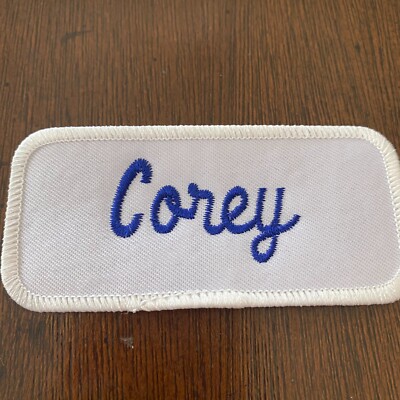 Corey Name Patch Embroidered White Royal Blue Stitch Iron-On Personalized