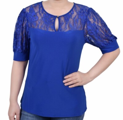 Ny Collection Petite Women s Puff Sleeve Lace Top Surf the Web Size PS NWT