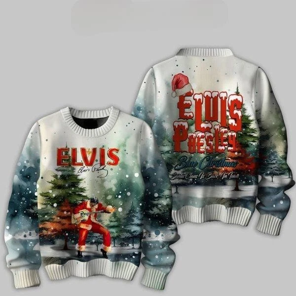 Elvis Presley Santa Is Back In Town 2024 Blue Christmas Ugly Sweater