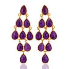 18K Gold Plated Sterling Silver Purple Chalcedony Gemstone Chandelier Earrings