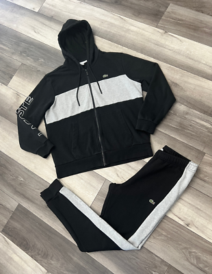 LACOSTE MEN'S BLACK AND GREY TRACKSUIT MATCHING SET HOODIE XL +