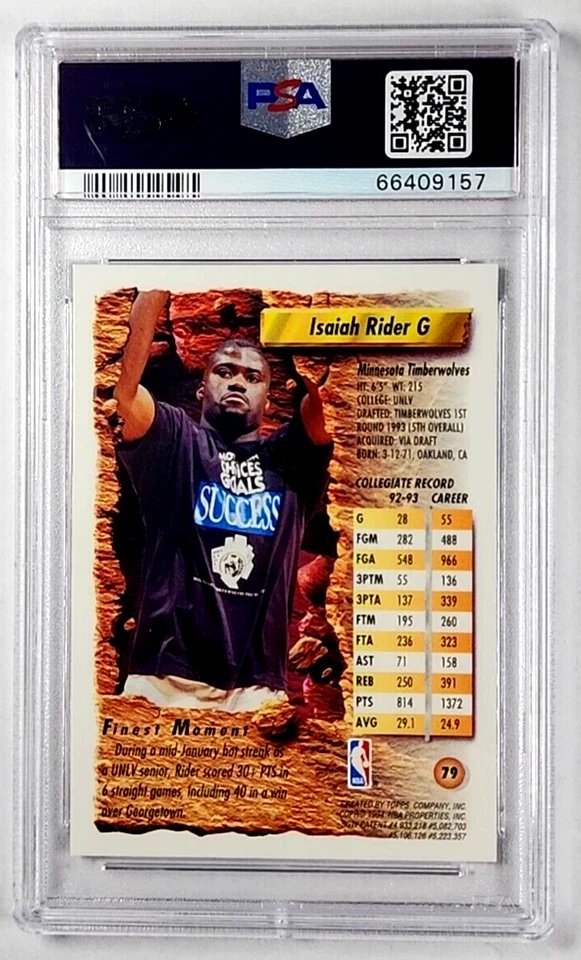 1993-94 Topps Finest Refractor #79 Isaiah Rider RC PSA 9 *Solo 5 calificados más altos* Foto 2 de 3