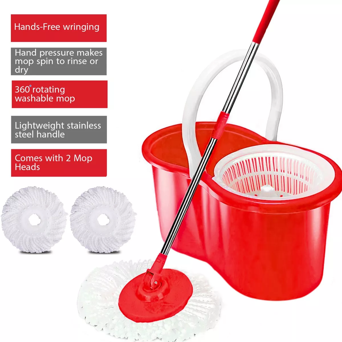 Spin Mop with Bucket, Mop and Bucket with Wringer Set, Floor Mop Bucket Set  360 Spin Mop System 3 Mop Heads for Floor Cleaning, Black & Red 