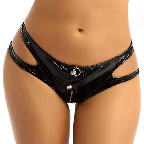 Women Zip Open Crotch PU Leather Knickers Shiny Wet Look Mini Hot Pants Black - Picture 8 of 11