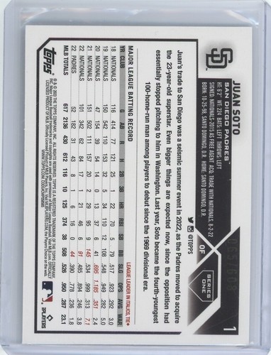 Tarjeta SP Topps Serie 1 2023 patrón plateado lámina 065/608 #1 Juan Soto - Imagen 4 de 4