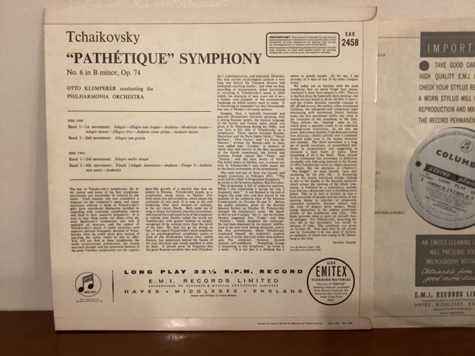 SAX 2458 1st Ed. TCHAIKOVSKY PATHETIQUE KLEMPERER UK COLUMBIA blue