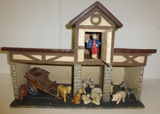 Bon Dufour Antiker Bauernhof mit 14 Masse Figuren & Kutsche Frankreich um 1900