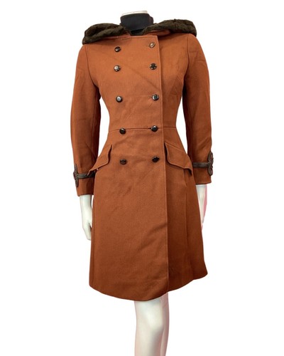 VINTAGE 60s 70s RUST ORANGE BROWN BROCADE FAUX FUR HOODED PRINCESS COAT 8 10 - Picture 2 of 9