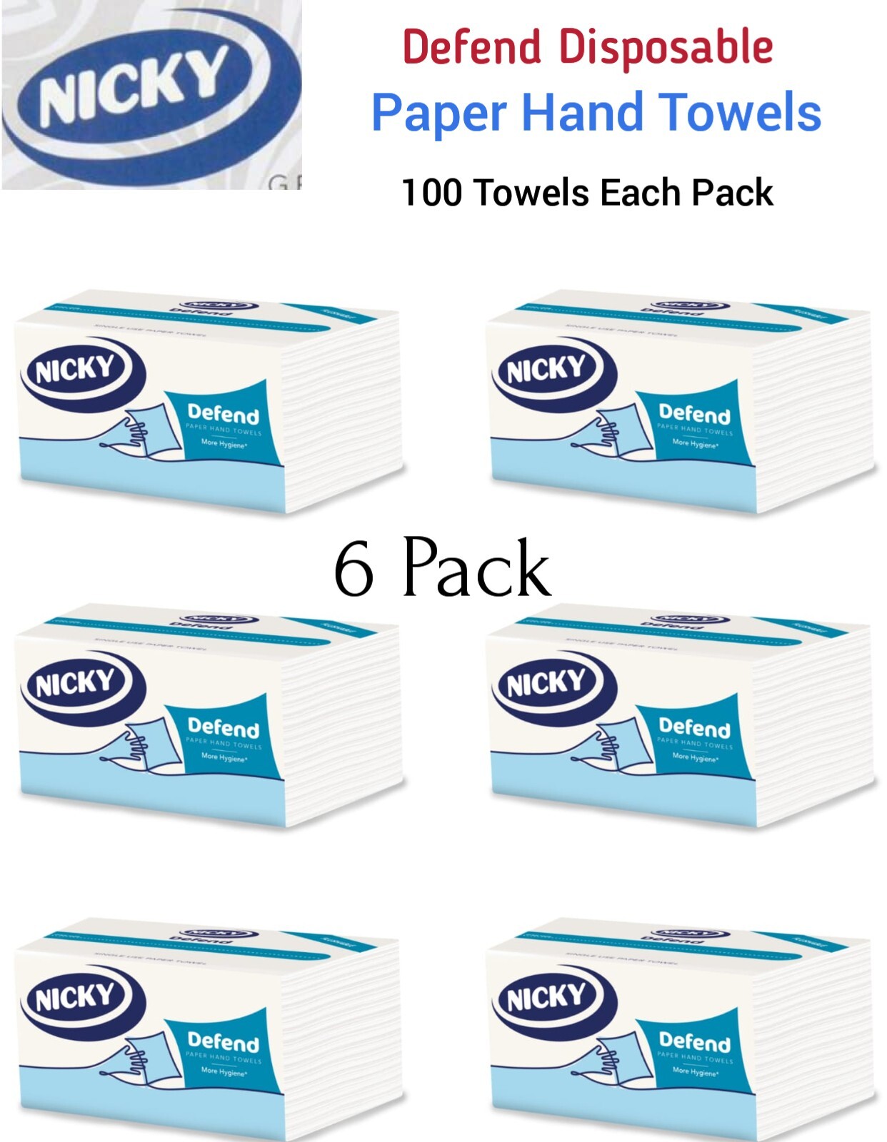 Nicky Defend Disposable Paper Hand Towels 6 Pack (100 Hand Towels
