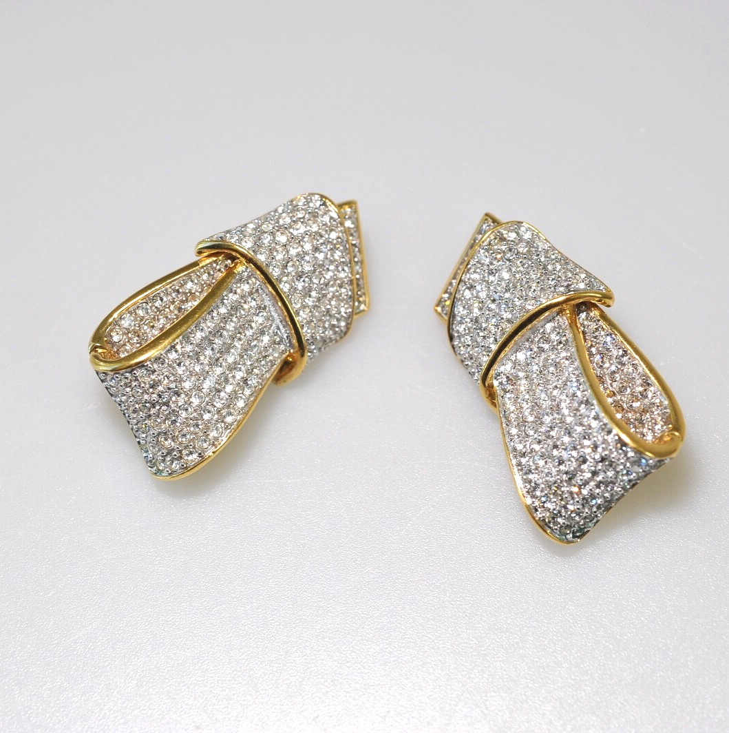 VTG GUY LAROCHE Paris Pave Rhinestone signed  LARGE clip earring bling  N11