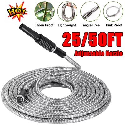 25/50FT 304 Stainless Steel Metal Garden Water Hose Flexible Patio Home w/Nozzle