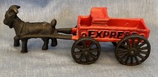 Cast Iron Black Goat Pulling Red Express Wagon Repro. Toy