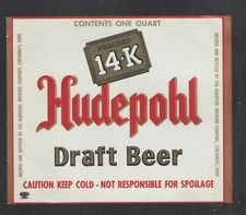HUDEPOHL 14-K DRAFT BEER 1 QUART LABEL CINCINNATI OH { UNUSED } 3 3/4" x 4 1/2"