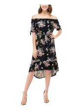 PLANET GOLD Womens Hi-Lo Below The Knee Dress Black Tie Short Sleeve Juniors S