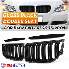 Gloss Black Double Slats Kidney Grille Grill For BMW 3 Series E90 E91 2005-2008