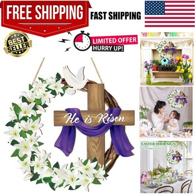 He is Risen Easter Decoration Wooden Wreaths for Front Door Sign Cross Sign D...