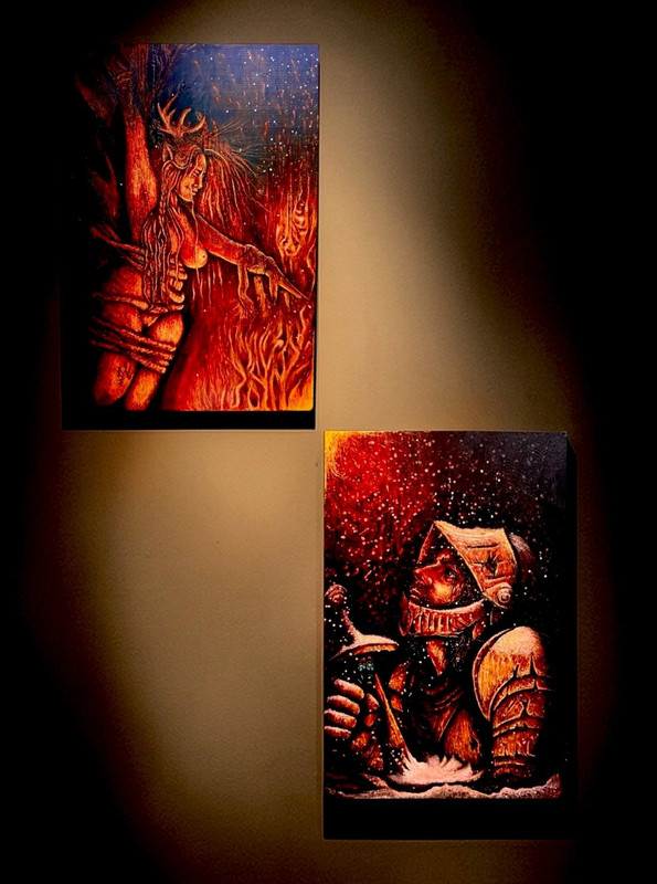 2 Pcs Wood Burned Wall Art Set - Dark Fantasy Woman & Armored Knight 16 x 24 in