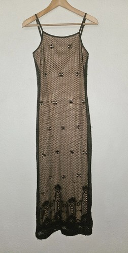 Vintage Express Crochet Lace Slip Dress Size XS Brown Bodycon Maxi 90s Y2K - Picture 1 of 10