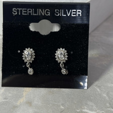 Sterling silver drop earrings oval center stone drop dangle halo of CZ s