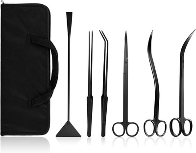 Aquascaping Tools 7 in 1 Kit Aquarium Plant Scissors Set Curved & Black 