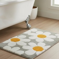 Madison Studio Daisy Cotton Bath Rug 20x32 Floral Gray White Yellow Bathroom Mat