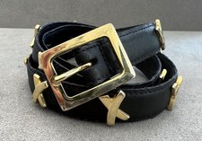Vtg PALOMA PICASSO Slim BLACK Genuine LEATHER BELT Classic "X" Gold .75" x 35"