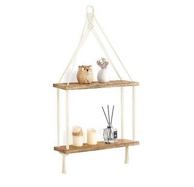 Macrame Hanging Shelf Boho Wall Decor 2 Tier Handmade Cotton Rope Rustic Wood...