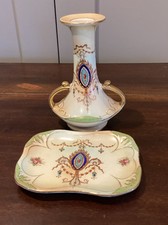 Edwardian Dart Potteries Blush Ivory Candle Stick And Stand. Swags Gilt Etc.
