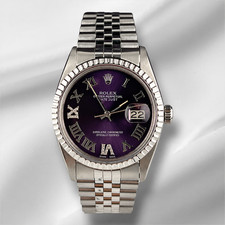 Rolex 36mm Datejust Steel Engine-Turned Purple Roman Dial Watch 16030