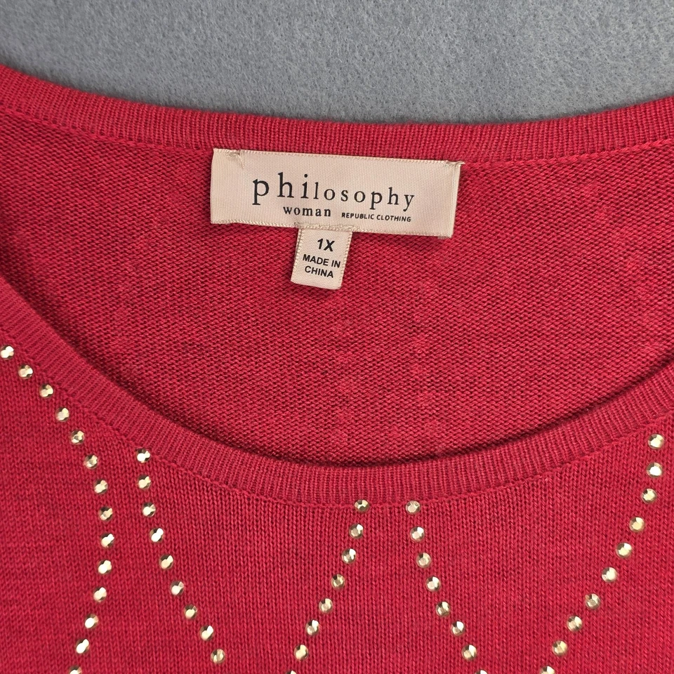Suéter Philosophy Para Mujer 1X Rojo Tachonado Pullover Mezcla Cachemira Boho Oficina Top Foto 4 de 4