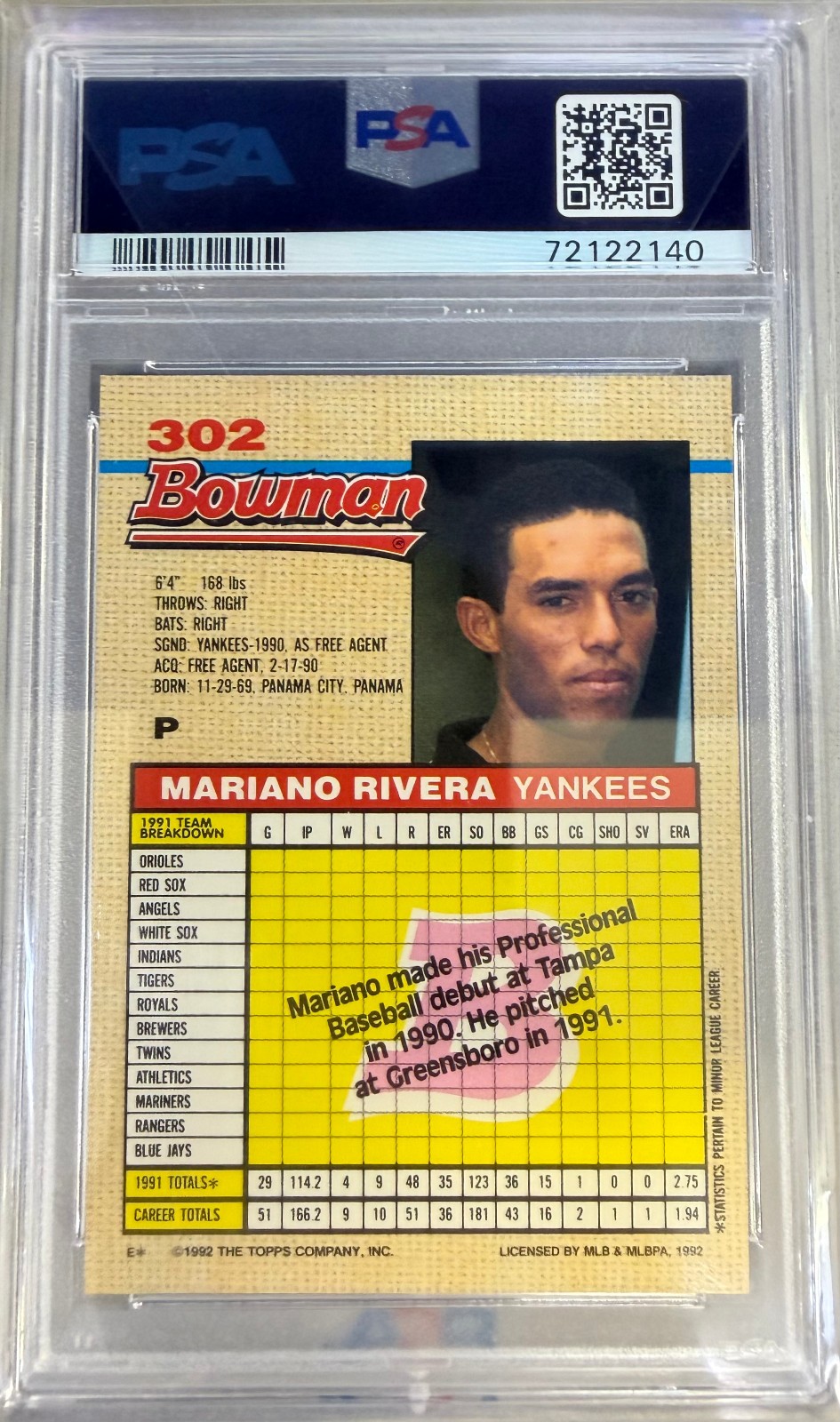 1992 Bowman Baseball #302 Mariano Rivera RC PSA 8 NM-MT view 2