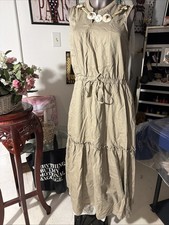 Lands End Women's Tan Sleeveless Lyocell Tiered Midi Dress Pockets Size Small