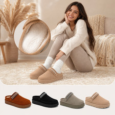 Ladies Womens Platform Clogs Warm Faux Winter Fur Lined Mule Slippers Size 3-8