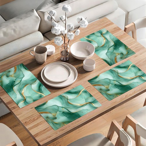Teal Placemats Set of 6 Abstract Blue Teal Turquoise Gold Table Mats Washable... - Picture 7 of 9