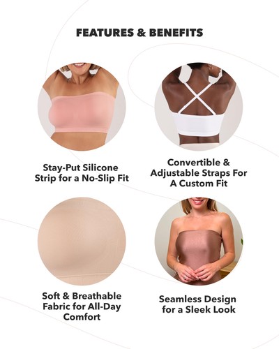 Strapless Convertible Bra for Women, Bandeau Wireless Top, Beige - Picture 5 of 7