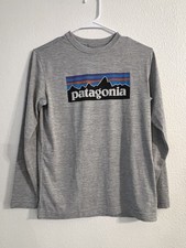 Patagonia Youth XL 14 Long Sleeve Logo Shirt Gray Mountain Stripe Graphic Tee