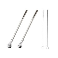 2 Pieces Stainless Steel Straw Spoon Filter with 2 Cleaning Brush, 18, Silver