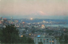 Vintage Union Pacific Railroad Postcard Seattle Skyline Mount Rainier Sunset