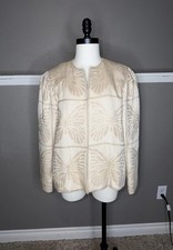 Doncaster Custom Cut 100 Silk Cream Butterfly Embroidered Open Front Blazer 14
