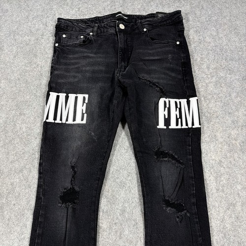 Homme Femme Patched Distressed Jean Men's Size 34 (Actual Fits W34.5xL30) Black - Picture 2 of 24