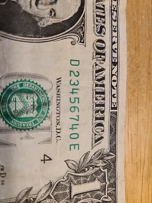 23456740. $1 FRN Fancy 6 In A Row Ladder Serial Number.