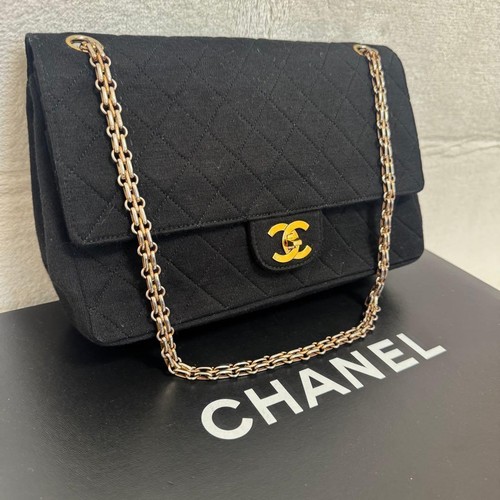 Chanel Matelassé Cotton Double-Flap Chain Shoulder Bag Black Japan 0611629