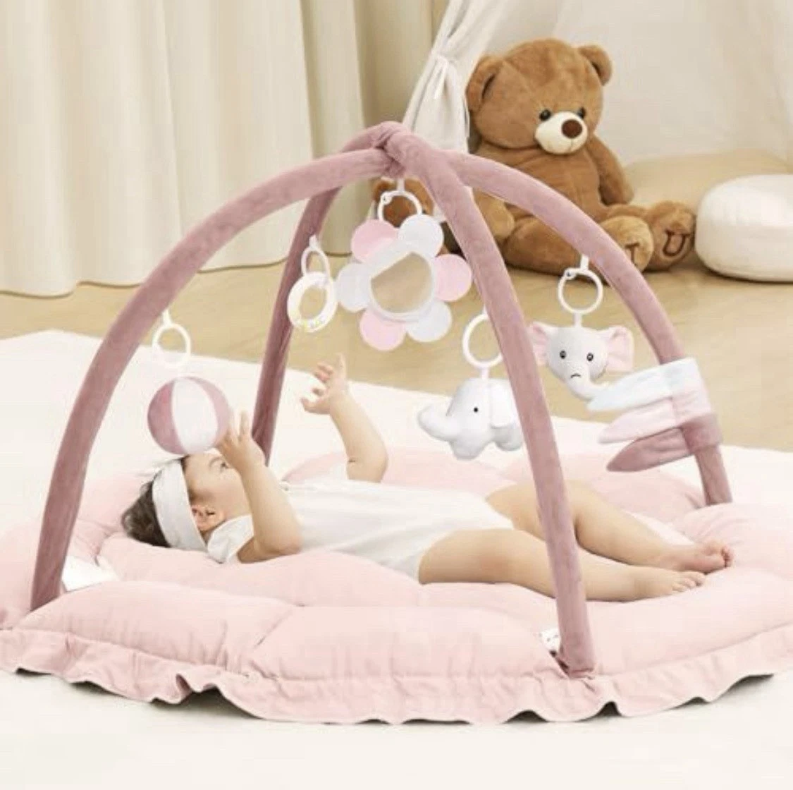 Angelbliss Baby Play Gym Mat Reversible Tummy Time Mat With 6 Sensory Toys