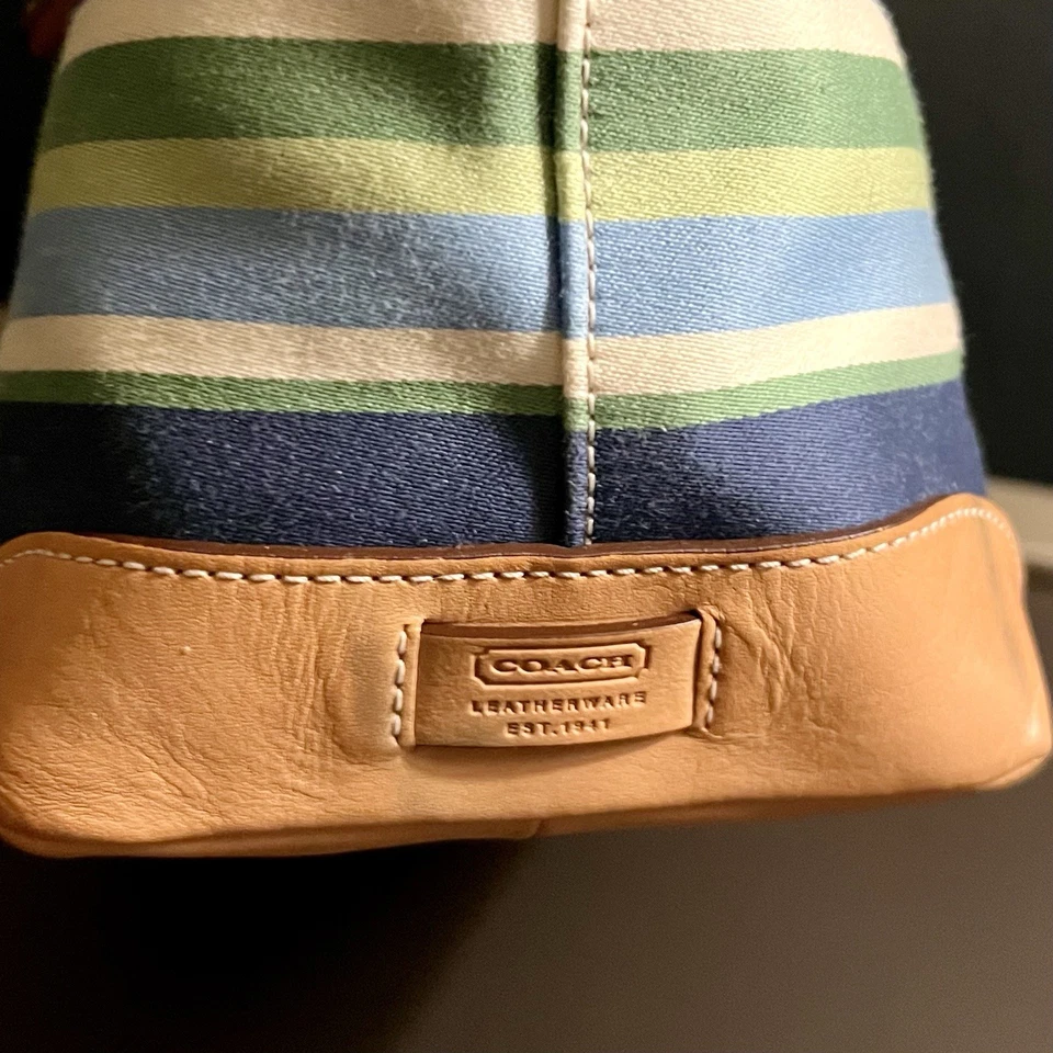 Bolso de Mano Pequeño Coach Hampton a Rayas Verde y Azul Foto 4 de 4