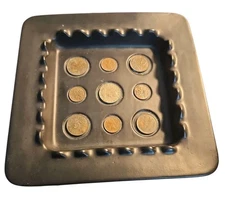 1950's MCM Black Ceramic Coin Ashtray ~ (9) Imbedded International Coins ~  7.5"