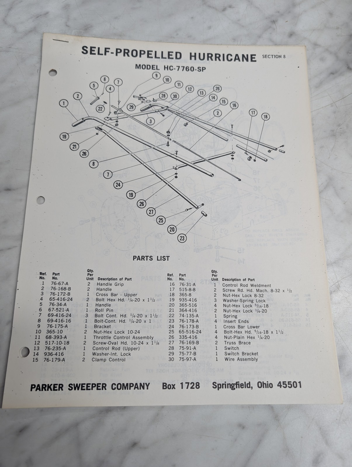 PARKER SWEEPER REPAIR PARTS LIST SHEETS CATALOG MODEL HC-7760-SP HURRICANE